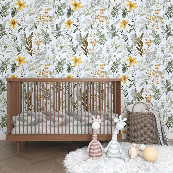 Green Leaf Wallpaper Peel and Stick, Vintage Yellow Floral Contact Paper 17.5" x 197", Botanical Wall Paper Self Adhesive Removable Waterproof for Bathroom Bedroom Shelves Cabinet Drawer Table Decor