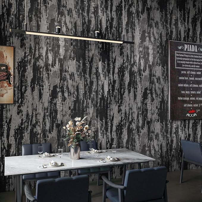 BOMENG Extra Wide Concrete Peel and Stick Industrial Wallpaper 48"x197" Black Cement Contact Paper with Air Guide Slot Design Glossy Industrial Wall Paper Wall Covering Bathroom Living Room Bedroom