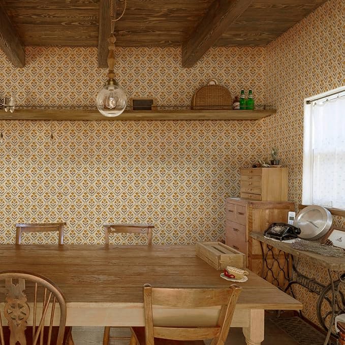 Dimoon 394"x17.3" Peel and Stick Wallpaper Floral Cute Contact Paper Vintage Village Country Cottage Wallpaper Farmhouse Yellow Beige Renter Friendly Geometry Waterproof Embossed Kitchen Bedroom