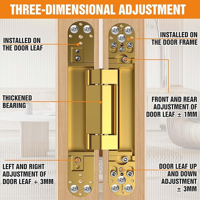 9.7" Hidden Door Hinge/Concealed Hinges,Invisible Hinges,Invisible Door Silent 180 Degree Swing Hinge 3-Way Adjustable Butt 9.7 x 3.3 x 1inch (Golden, 9.7 inches)