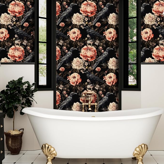 ILHIIOR Black Crow Floral Peel and Stick Wallpaper 17.5 x 118 Inches | Leaf Removable Self Adhesive Waterproof Contact Paper, Renter Friendly Decor for Cabinets, Drawers & Bedroom Walls