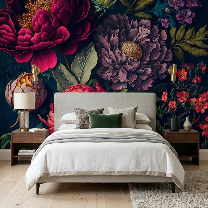 MFWFM Floral Peel and Stick Mural Wallpaper Dark Peony Botanical Wall Mural | 137"x96", for Bedroom Living Room Bathroom, Self Adhesive Canvas