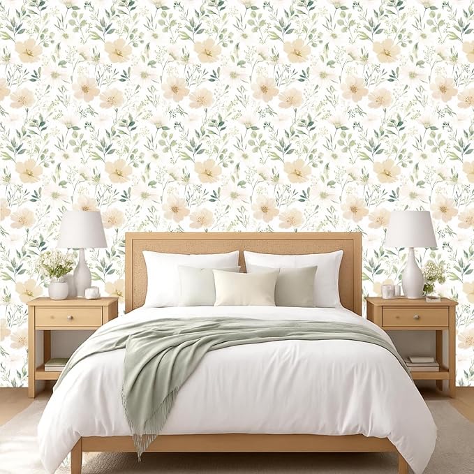 Floral Peel and Stick Wallpaper 17.7in x 393.7in | Watercolor flower removable self adhesive design for cottagecore bedroom accent walls