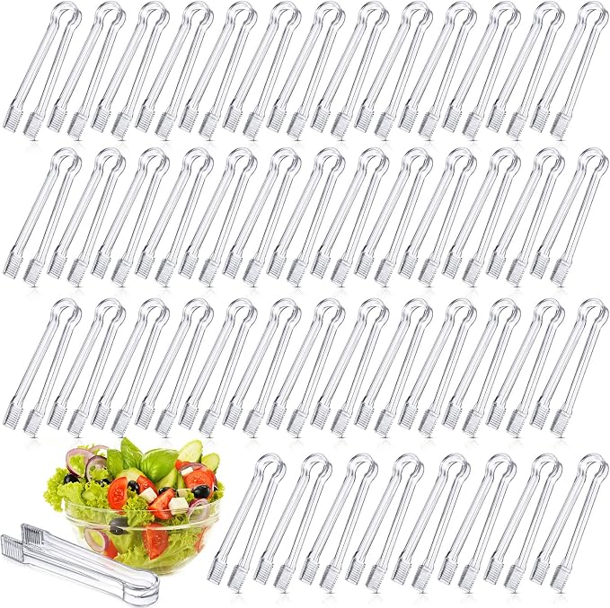 Nuogo 48 Pcs Plastic Buffet Serving Tongs 6.3 Inch One-off Clear Kitchen Tongs Mini Serving Utensils for Food Ice Salad Buffet Barbecue Cookies Tea Coffee Appetizers Party Supplies