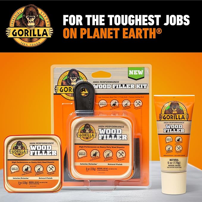 Gorilla All Purpose Wood Filler, Natural Color, 6 Ounce Tube (Pack of 6) - Water Resistant for Indoor or Outdoor Projects and Repairs