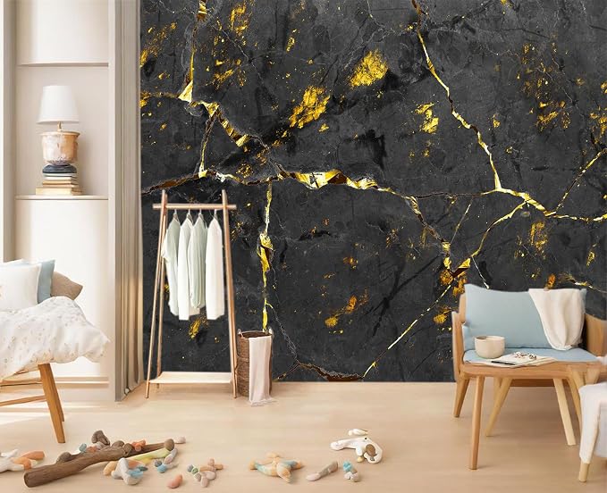 YIHWM-Peel and Stick Black and Gold Marbled Wallpaper Abstraction Art Mural | Tear-resistant,with a substantial feel;Will not be damaged during repositioning.Bathroom,Bedroom wallpaper.M-118"x85"