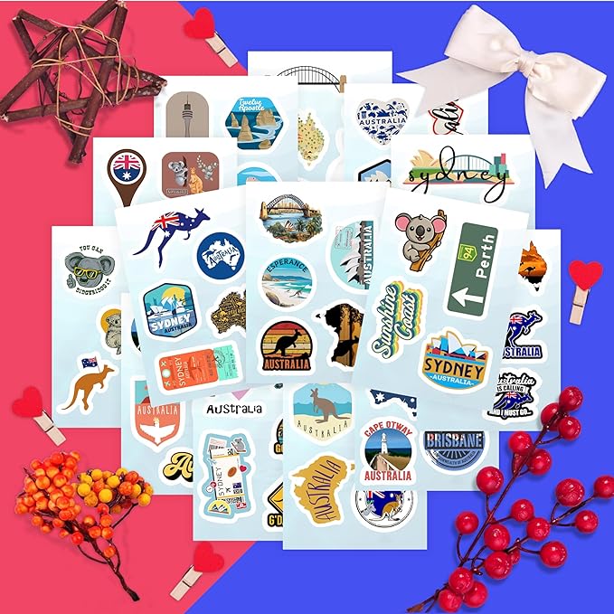 BulbaCraft Australia Stickers for Water Bottle and Laptop - Australia Party Supplies & Decorations, Waterproof Vinyl Decals, Australian Flag and Culture Stickers, Gifts for Women & Men