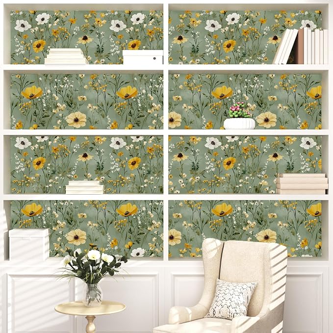 Vintage Green Yellow Daisy Floral Botanical Wallpaper 17.5"x393" | Self Adhesive/Removable/Waterproof/Thick Vinyl Contact Paper for Bathroom Bedroom Shelf Cabinet Drawer,Prepasted,Easy Peel