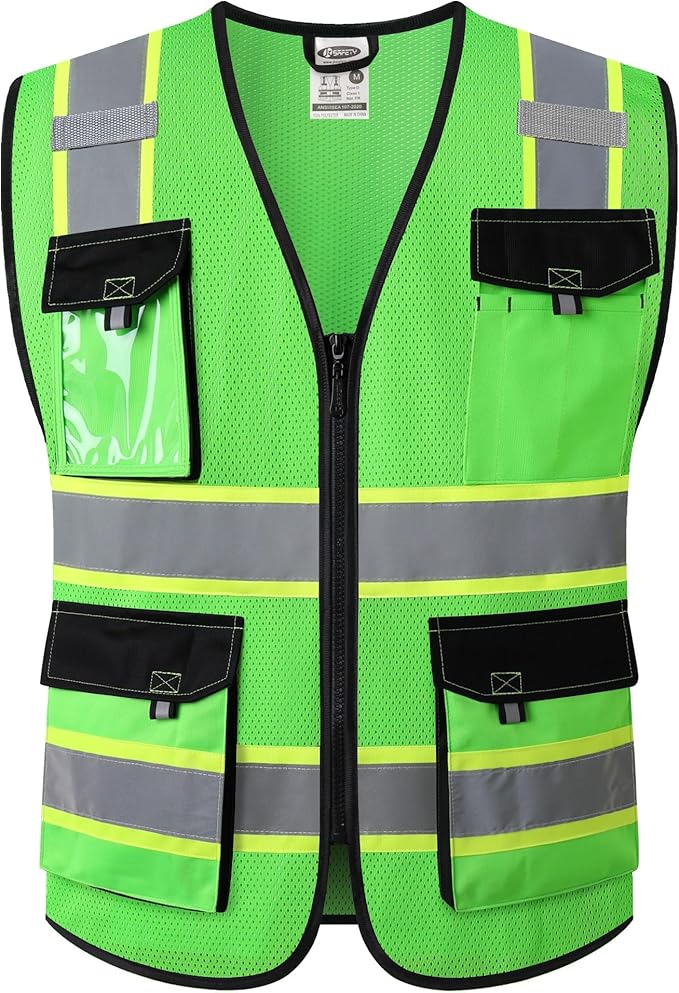 JKSafety Hi Vis Reflective Safety Vests for Men Women High Visibility Vest with Pockets Mesh Fabric Construction Safety Apparel Neon Vest for Work (220-Green M)