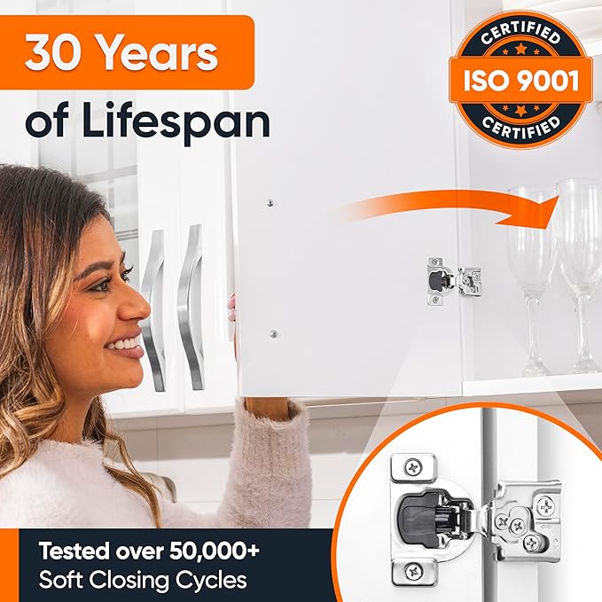 Decobasics 50 Pack Soft Close Cabinet Hinges – 5/8" Overlay for Kitchen Cabinet Doors, Face Frame Concealed Hidden Hinges – Stainless Steel, Self-Closing with 3-Way Adjustment & Slow Close Damper