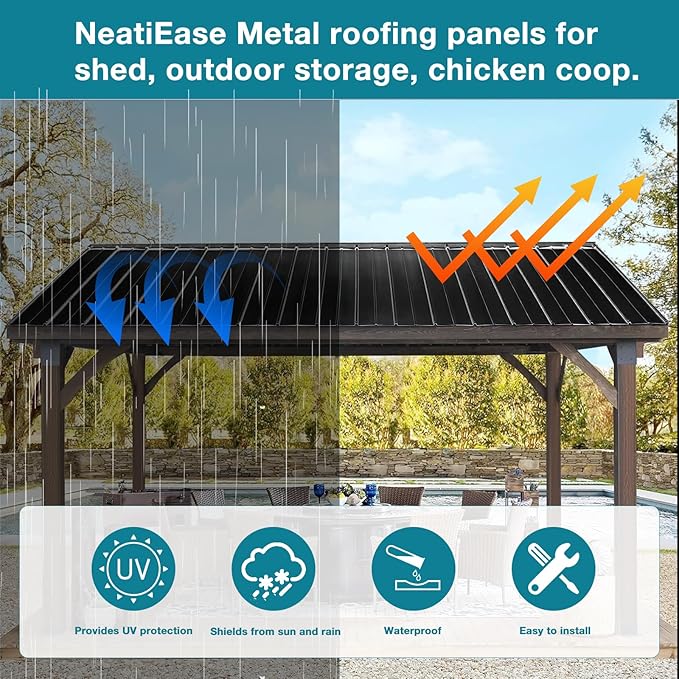 NeatiEase 20 Pcs Metal Roofing Panels, 6.1 Feet Corrugated Galvanized Roofing Panels Metal Siding Panels with Steel Screws for Pergola, Gazebo, Shed, Outdoor Storage, Chicken Coop,Garages (Black)