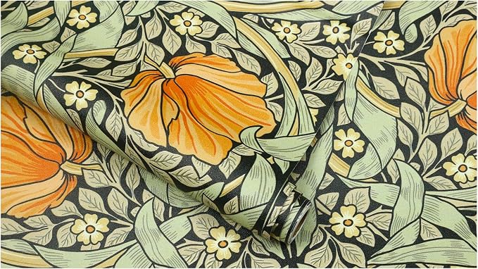 HAOKHOME Vintage Floral Wallpaper Peel and Stick Botanical Green/Yellow/Black Wall Murals Home Kitchen Bedroom Decor by William Morris 17.3in x 9.8ft