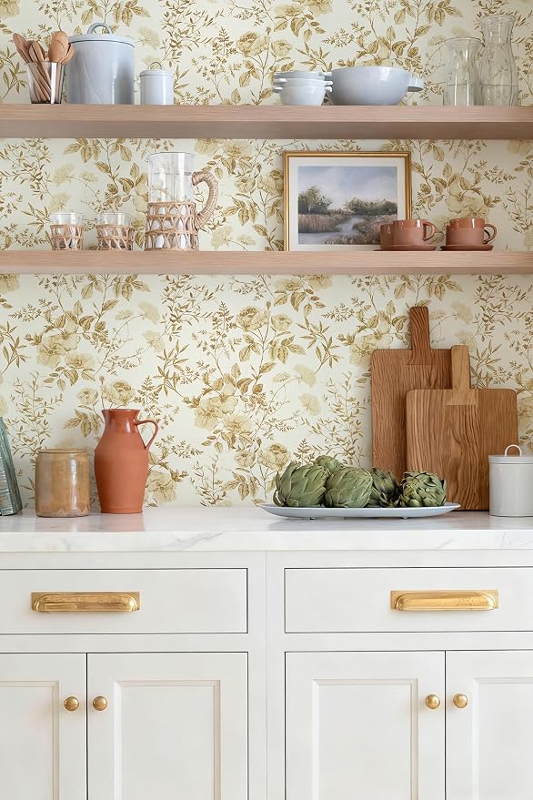 Erfoni 16.9" x394" Yellow Brown Floral Peel and Stick Wallpaper Boho Floral Leaf Contact Paper Flower Self Adhesive Wall Paper DIY Removable Decoration Wallpaper for Bedroom Accent Wall Covering