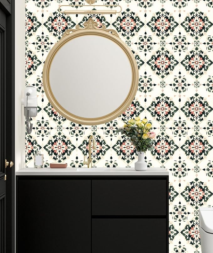 BOKEBEVE Boho Floral Peel and Stick Wallpaper Beige Green 17.5 x 118In | Symmetry Contact Paper Modern Wall Paper for Bedroom Accent Walls Laundry Nursery Pantry Renter Friendly Removable