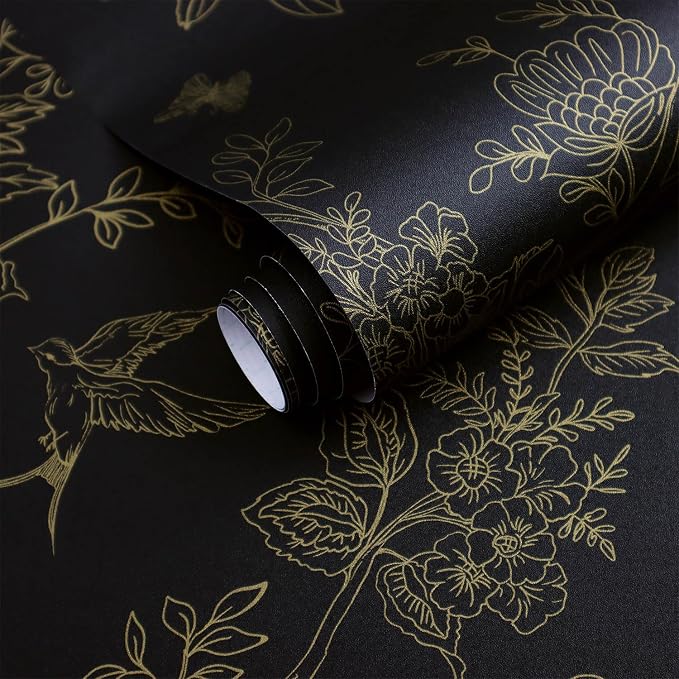 Froluya Black and Gold Wallpaper Peel and Stick Wallpaper 17.7"x118.1" Vintage Floral Boho Peel and Stick Wall Paper Dark Removable Self Adhesive Contact Paper for Bedroom Cabinets Shelf Liner Vinyl