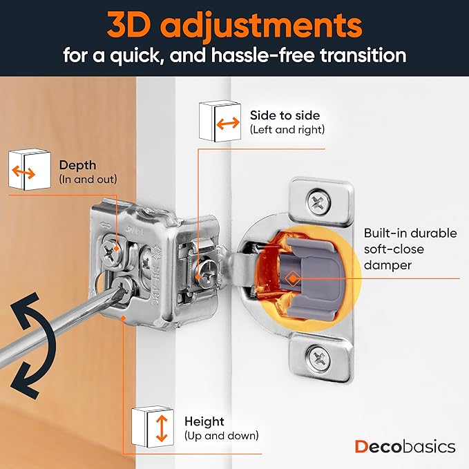 Decobasics 4 Pack Soft Close Cabinet Hinges 1-1/2" Overlay for Kitchen Cabinet Doors, Slow Self-Closing Concealed Hidden Hinges for Face Frame –Stainless Steel, 3-Way Adjustable & Quiet Close Damper