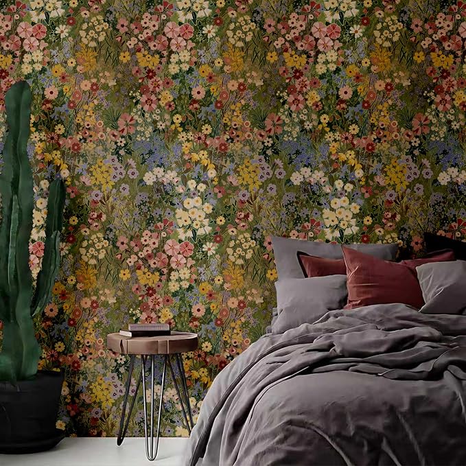 Floral Wallpaper Peel and Stick Boho Wall Paper Removable Waterproof Green Petal Pattern Contact Paper for Bedroom, Bathroom, Home Wall 17.3" x 393.7" | Vinyl Textured Stick on Wall paper DIY Self-adhesive Removable Waterproof Boho Green/Yellow/Pink fo...