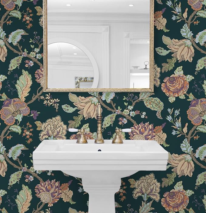 NextWall Kianna Jacobean Floral Peel and Stick Wallpaper (Victorian Jade)