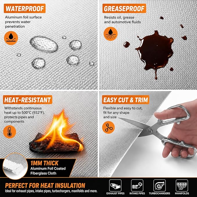FLASLD Aluminized Heat Shield Mat Thermal Barrier Adhesive Backed Heat Blanket 12'' X 24'', Fiberglass Insulation Reflective Material High Temp Protection