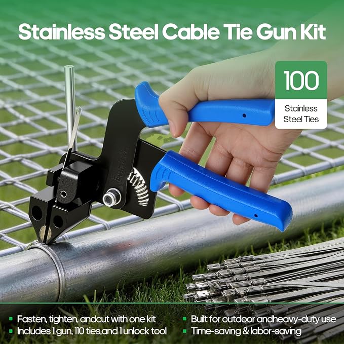 Stainless Steel Cable Tie Gun Kit with 150Pcs Metal Zip Ties, Heavy Duty Zip Tie Tool with Auto Cut Off Cutter, Tensioning Tool for Exhaust Wrap, Automotive, Electrical, Marine & Industrial Use