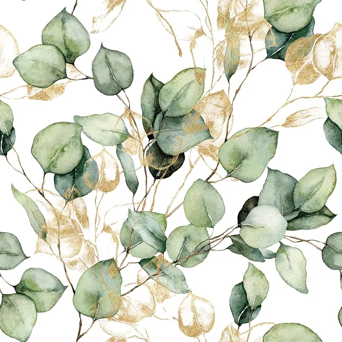 Livelynine 17.5x591 Botanical Nature Peel and Stick Wallpaper Vintage Sage Green and Gold Wall Paper for Bedrooms Living Room Apartment Friendly Eucalyptus Leaves Botanical Contact Paper for Drawers