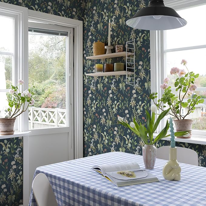 Simon&Siff Vintage Floral Peel and Stick Wallpaper 1200" x 17.3" | Blue Botanical Contact Paper, Self Adhesive Removable Waterproof Wall Paper, Renter Friendly, Bedroom Cabinets DIY Decor