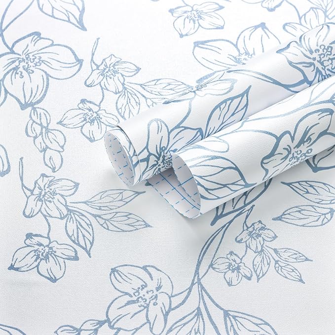 Ismoon Floral Peel and Stick Wallpaper Blue and White Contact Paper Modern Flroal Wall Papaer Textured Removable Self Adhesive Vinyl Stick on Wallpaper for Bedroom Cabinet 17.3x78.7in