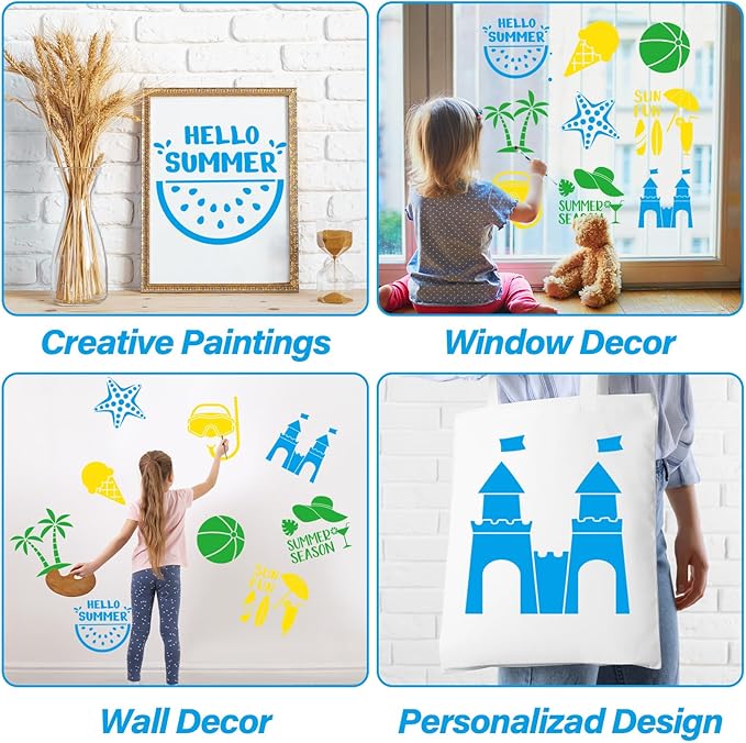 36pcs Summer Beach Drawing Stencils for Kids 8 Inch Sidewalk Chalk Stencils Painting Large Washable Reusable Tropical Palm Tree Themed Primary Shape Template for Kids Toddlers Preschool