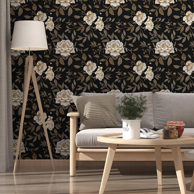 Dark Golden White Peony Floral Wallpaper Peel and Stick 17.5"x787" | Self Adhesive/Removable/Waterproof/Thick Vinyl Extra Long Contact Paper for Bathroom Bedroom Shelf Cabinet Drawer,Prepasted