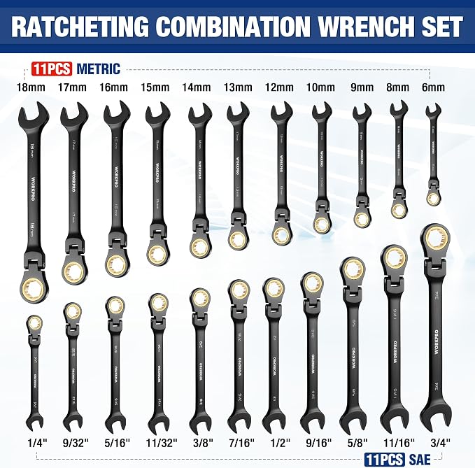 WORKPRO 22-piece Ratcheting Wrench Set with 180° Flex Head, Metric & SAE | Metric 6-18mm & SAE 1/4-3/4", Anti-Slip Tooth, Organizer Box, Black Electrophoretic Coating, for Home Project, Machinery