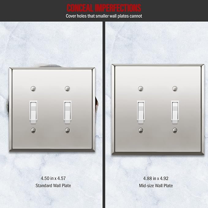 ENERLITES Dual Toggle Light Switch Metal Wall Plate, Stainless Steel Switch Cover, Corrosion Resistant, Mid-Size 2-Gang 4.88" x 4.92", Stainless Steel 201, 7712M-PC, Polished Chrome