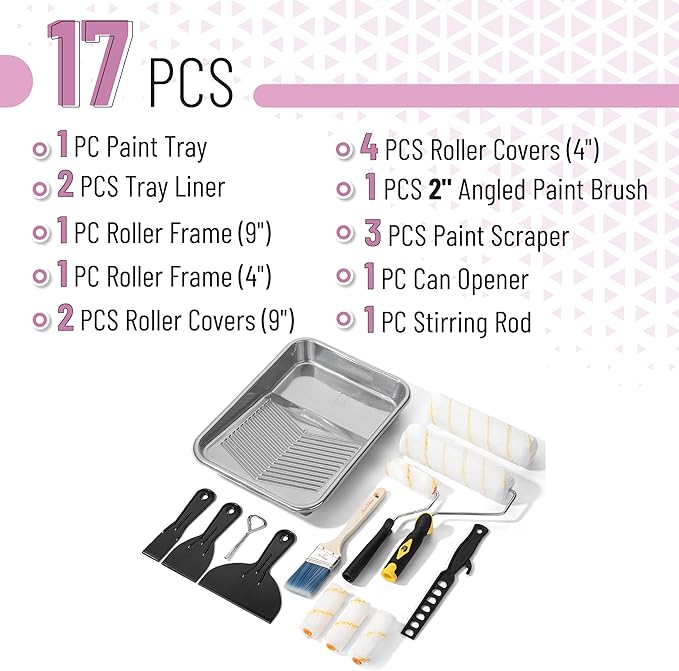 Bates- 9 Inch Paint Roller Kit, 17 pcs, Plastic Paint Tray, Clear Disposable Tray Liners, 4" & 9" Roller Frame, Roller Covers 4" & 9", Angle Brush, Plastic Scrappers, Can Opener and Stirring Rod