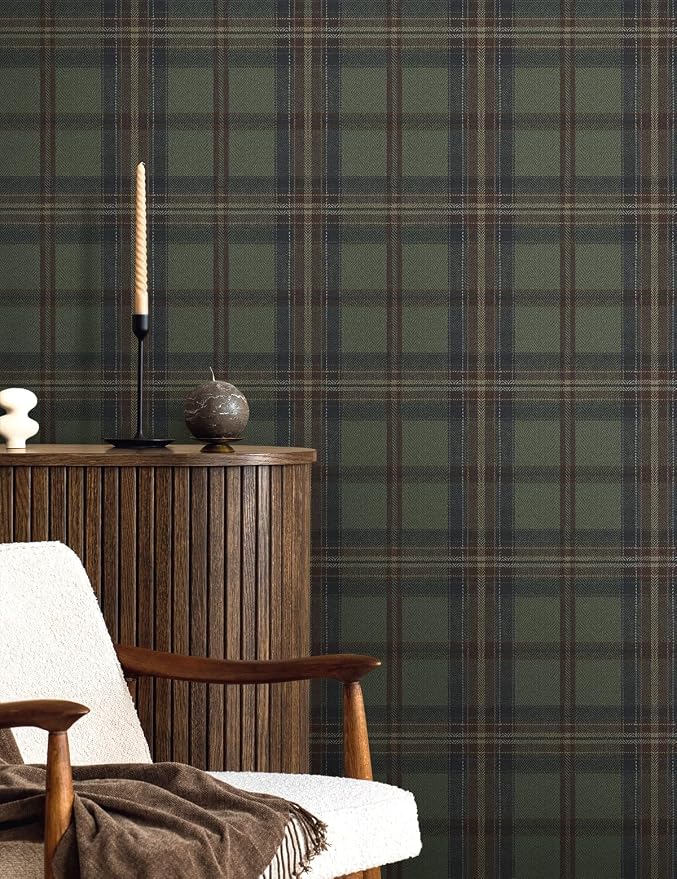 NextWall Harry & Grace Herringbone Plaid Premium Matte Non-Woven Peel and Stick Wallpaper (Adobe & Antique Green)