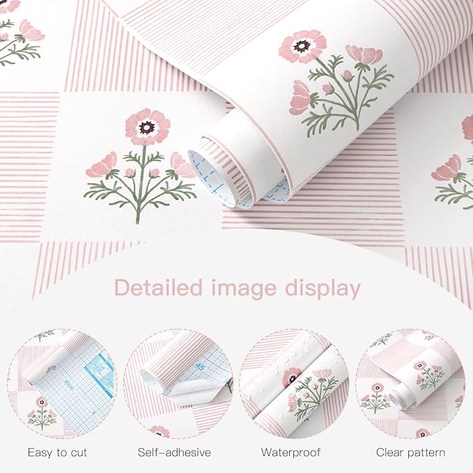 Guvana Pink Floral Peel and Stick Wallpaper Vintage Floral Wallpaper Boho Wall Paper Removable Modern Contact Paper Vinyl Self Adhesive for Bedroom Bathroom Kitchen Livingroom Covering 17.3" x 78.7"
