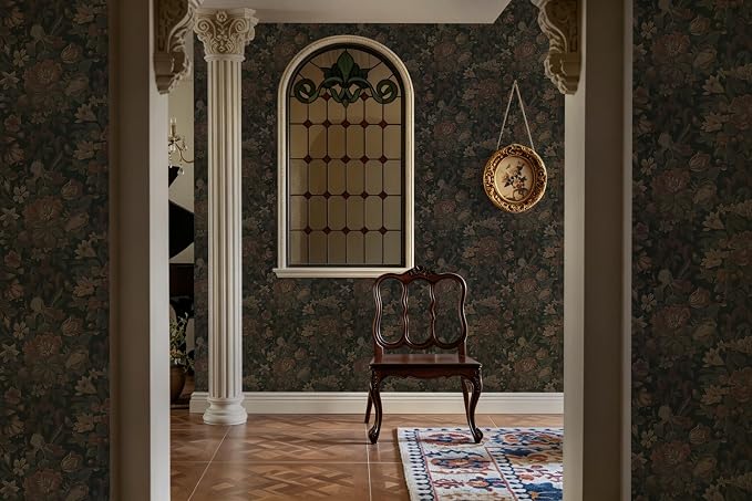 Dimoon Vintage Peel and Stick Wallpaper Dark Green Floral Wall Paper 16.1"x393" Retro Victorian Moody Wallpaper Renter Friendly Dark Floral Gothic Contact Paper for Bedroom Shelf Liner Vinyl Roll