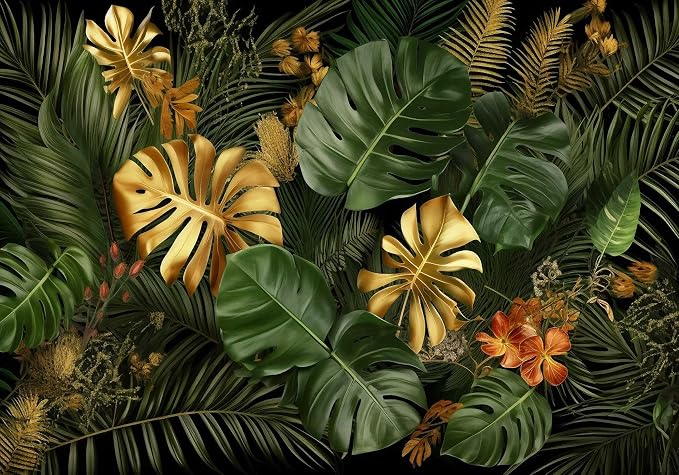 Jdayda Gold and Green Monstera Leaf Wallpaper Tropical Jungle Banana Leaves | 106"x75" Not Self-Adhesive Wall Mural for Living Room Bedroom