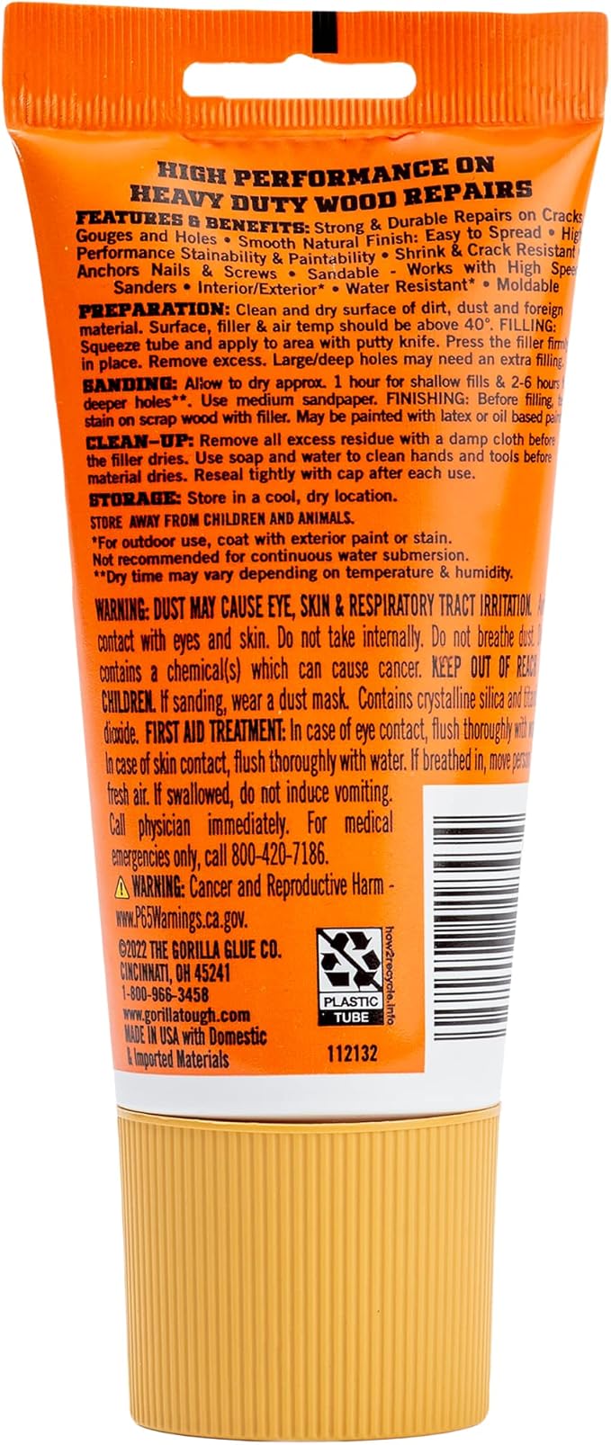 Gorilla All Purpose Wood Filler, Golden Oak Color, 6 Ounce Tube (Pack of 6) - Water Resistant for Indoor or Outdoor Projects and Repairs