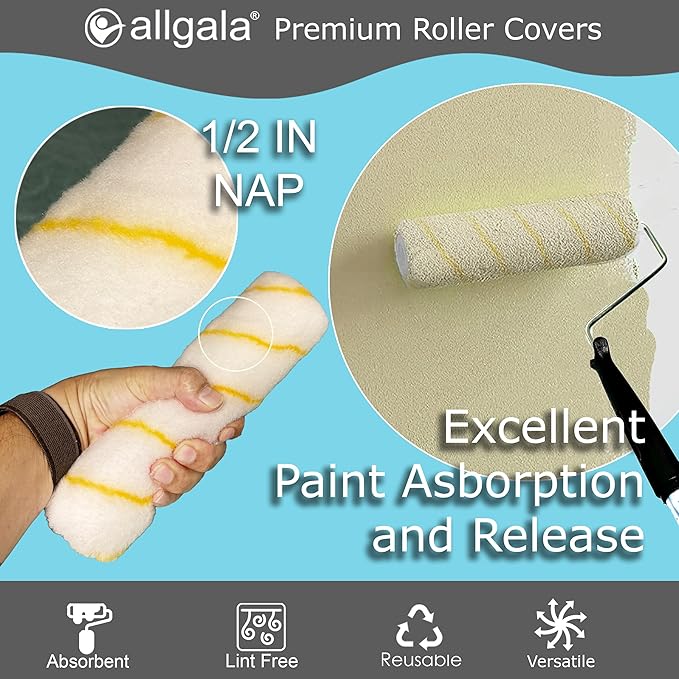 Allgala Paint Roller Covers, 144 Case Pack 9 Inch Shedless Lint Free Painter Roller Covers 1/2 in Roller Naps for Paint Roller Kit for House Painting and Professional Projects