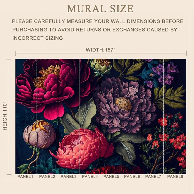MFWFM Floral Peel and Stick Mural Wallpaper Dark Peony Botanical Wall Mural | 157"x110", for Bedroom Living Room Bathroom, Self Adhesive Canvas