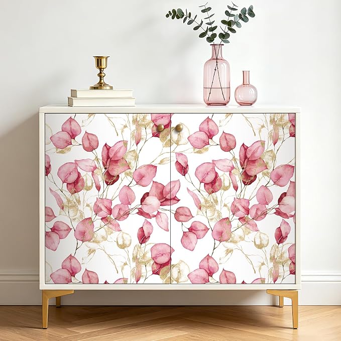 Livelynine Pink and Gold Peel and Stick Wallpaper Botanical Mural 17.5x276 | Pink and Gold Contact Paper Peel and Stick Pink Wallpaper for Girls Bedroom Dorm Cute Elegant Accent Wall Renter Friendly