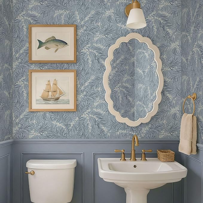 Ismoon Vintage Wallpaper Peel and Stick Dusty Blue Botanical Wallpaper 17.3in x32.8ft Leaf Removable Waterproof Blue/White Contact Paper for Bedroom Kitchen Renter Friendly Wall Decor Vinyl