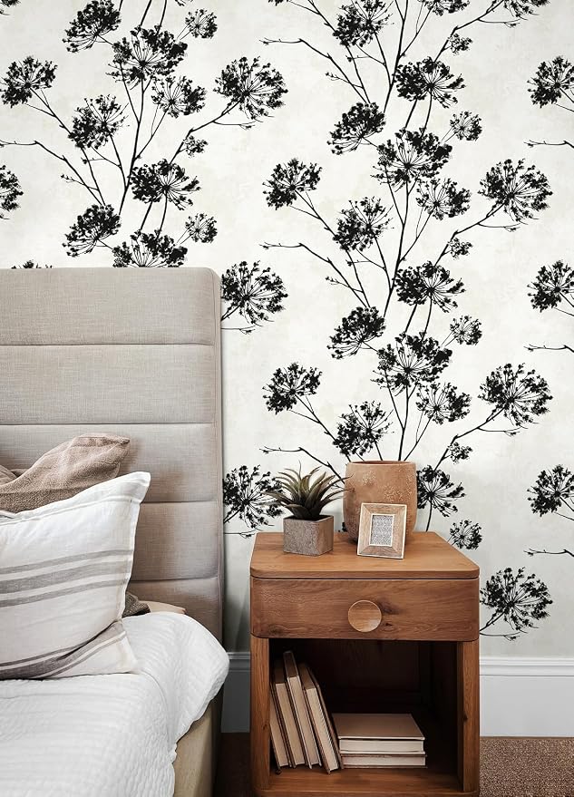 NextWall Harry & Grace Dandelion Floral Peel and Stick Wallpaper (Ebony)