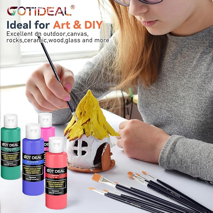 GOTIDEAL Acrylic Paint Set with Paint Brushes, 24 Colors(100ml, 3.4 oz) Paint Kit,Perfect for Artist, Beginner, Ideal for Wood, Canvas, Rocks, Craft Painting Supplies