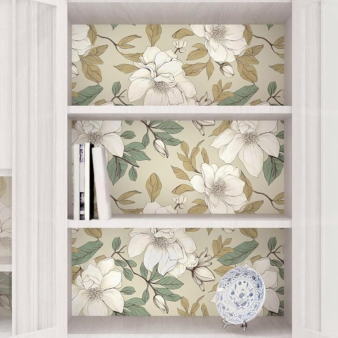 Beige Magnolia Floral Peel and Stick Wallpaper 17.5"x393" | Self Adhesive/Removable/Waterproof/Thick Vinyl Vintage Contact Paper for Bathroom Bedroom Shelf Cabinet Drawer,Prepasted