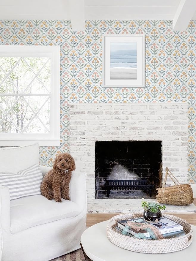 Dimoon 17.3''x78.7'' Peel and Stick Wallpaper Floral Boho Contact Paper Cute Vintage Village Wallpaper Farmhouse White Blue Renter Friendly Geometry Grid Waterproof Embossed Kitchen Bedroom Vinyl