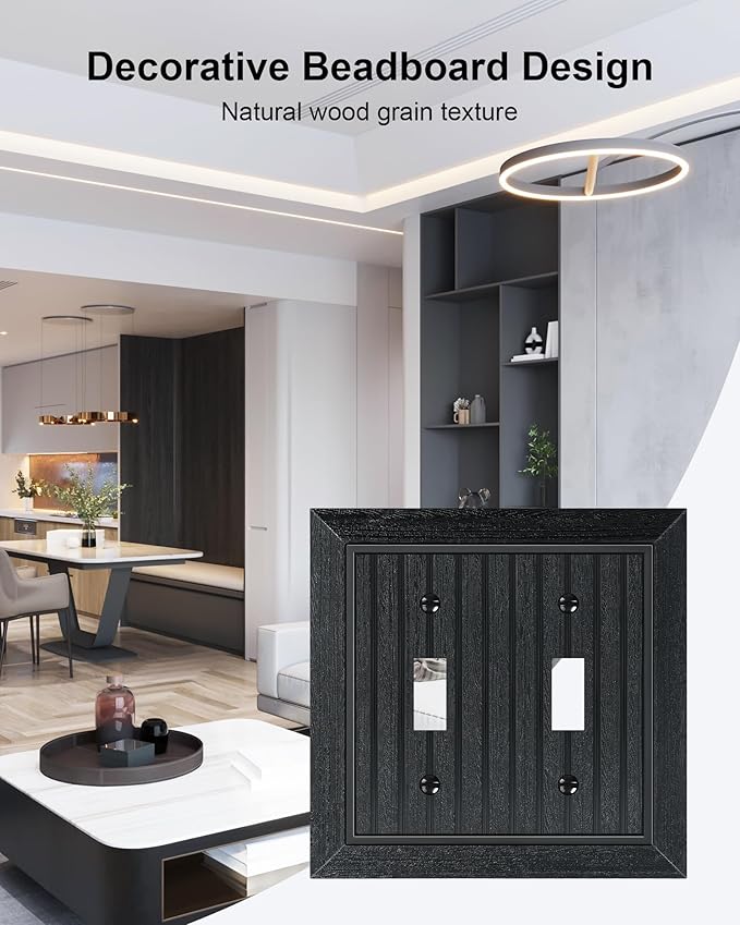2-Pack Classic Beadboard Double Toggle Light Switch Cover Plate, Unbreakable Polycarbonate Decorative Switch Plate Covers, Matte Black 2 Gang Wall Plate