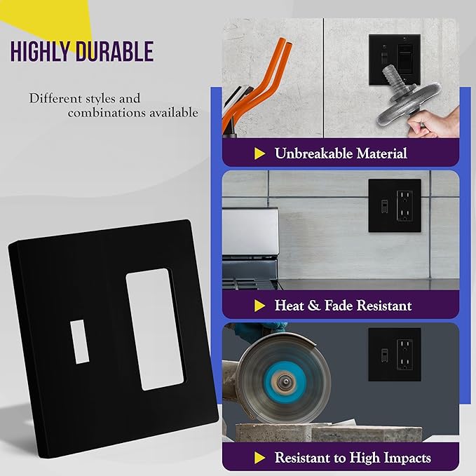 ENERLITES Combination Toggle Light Switch/Decorator Light Switch Plate, Double Switch Wall Plate, Standard Size 2-Gang 4.68" x 4.73", Polycarbonate Thermoplastic, Gloss Finish, SI881131-BK, Black