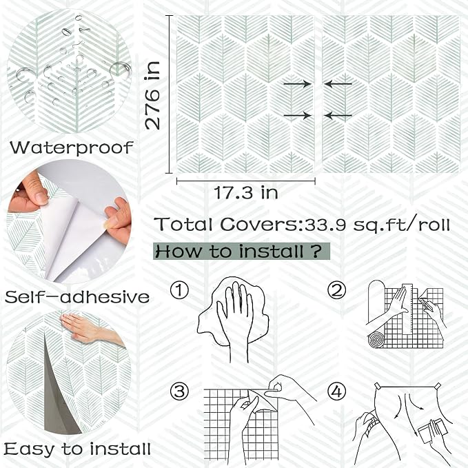 Modern Peel and Stick Wallpaper 17.3''×276'' Geometric Wallpaper Boho Contact Paper Green and White Self-Adhesive Wall Paper Removable Decorative Wallpapers for Bedroom Bathroom Cabinets Decor Vinyl