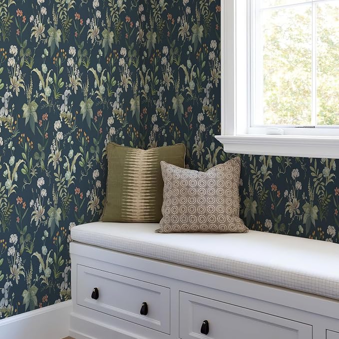 Simon&Siff Vintage Floral Peel and Stick Wallpaper 480" x 17.3" | Blue Botanical Contact Paper, Self Adhesive Removable Waterproof Wall Paper, Renter Friendly, Bedroom Cabinets DIY Decor