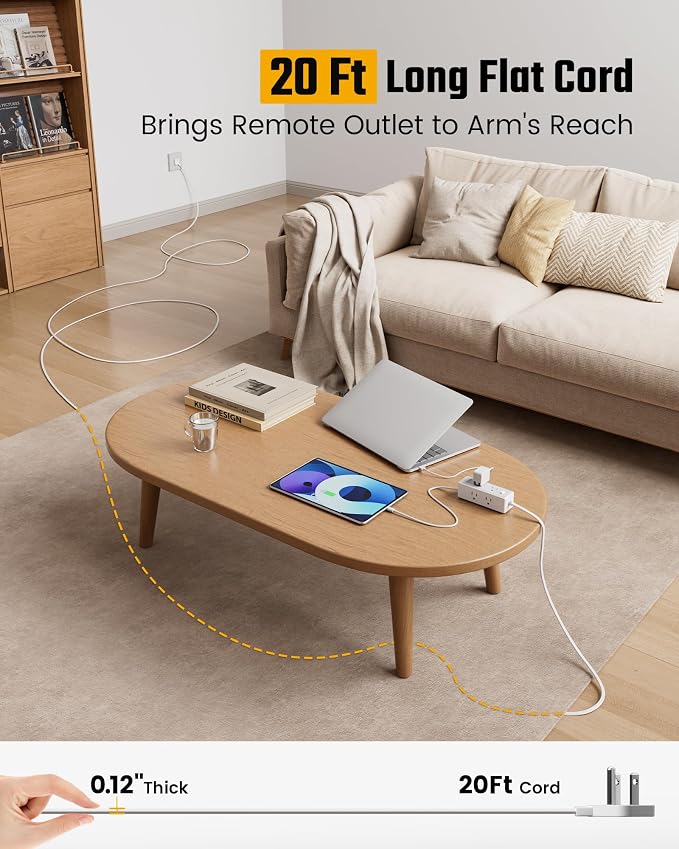 20 Ft Extension Cord with Multiple Outlets, Long Extension with 6 Outlets 4 USB Ports(2 USB C), Flat Plug Surge Protector Power Strip for Home, Office Supplies, Dorm Essentials